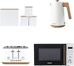 Salter Toronto Kettle, Toaster, Microwave & Canister Set – Countertop, Tea/Coffee/Sugar & Bread Bin, 1.7L Fast Boil Kettle, 4-Slice Wide Slot Toaster, 20 L Digital Microwave, 25.5cm Turntable, White