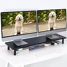 Bamboo Dual Monitor Riser with Adjustable Height for Laptop, Computer, Printer, TV Stand up to 130 lbs, Black