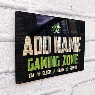 ShopQuality4U Personalised Metal Mirror Gamer Sign - Customised Printed Wall Art Plaque A5 Gaming Zone Caution, Bedroom
