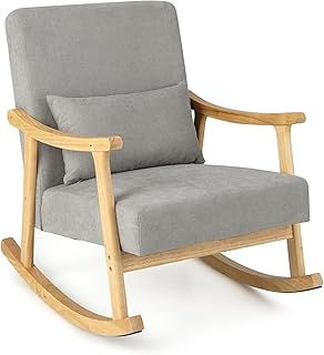 COSTWAY Relax Rocking Chair, Linen Fabric Upholstered Rocker Accent Chair with Lumbar Pillow, Solid Wood Modern Leisure Lounge Armchair for Living Room Bedroom Nursery (Grey+Natural, 88 x 65 x 82cm)