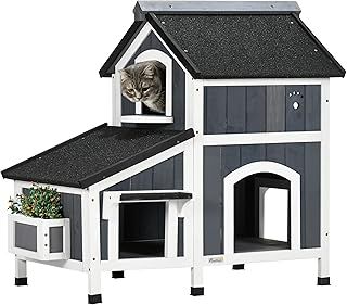 PawHut Wooden Outdoor Cat House with Flower Pot, Windows, Multiple Entrances, Water-Resistant Roof - Grey