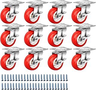 Caster Wheels, 1.5 Inch (38mm) Heavy Duty With Brake for Furniture & Trolleys - Swivel With Polyvinyl Chloride (PVC) Wheels, Plate Locking Red (12 Pack)