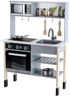 Theo Klein 7199 Miele Kitchen I White Wooden Kitchen Includes Hob, with Sound and Light I High-Class Kitchen Accessories Made of Stainless Steel (Should Not be Heated Up) and Wood