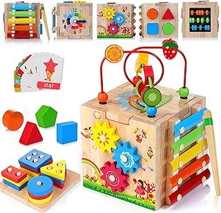 Wooden Activity Cube Baby Toys, 8-in-1 Montessori Educational Toy Set, Bead Maze Shape Sorter Abacus Xylophone Words & Clock Learning, STEM Toys for Boys Girls Toddlers Age 1 2 3