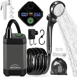 AUTOPkio Portable Camping Shower, Upgraded Outdoor Shower with 6000mAh Rechargeable Pump & Battery, Intelligent Digital Display for RV, Pet, Car Washing, Emergency