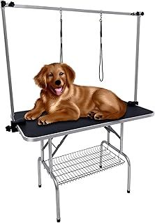 Kalolary 45"L x 24"W x 30"H Black Modern Dog Grooming Table with Adjustable Height Arm, Loop & Mesh Tray, Foldable Heavy Duty for Large Dog Pet Grooming