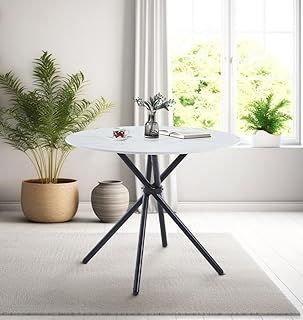 Hallowood Furniture Cullompton Small Dining Table, Round Dining Table, White Marble Effect Dining Table with Black Metal Legs, Kitchen Table, Small Table for Home and Cafe (90cm)
