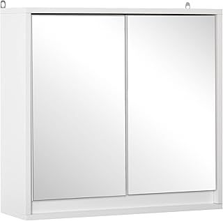 HOMCOM Bathroom Mirror Cabinet Wall Mounted Storage Shelf Bathroom Cupboard Double Door, White