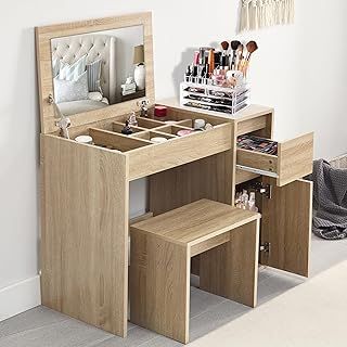 Vanity Desk Dressing Table with Flip Up Mirror and Stool Bedroom Makeup Desk Vanity Table Writing Desk Dresser Make up Table For Bedroom Furniture, Black Marble, 81L x 40 W x 69 H cm