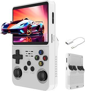 R36S Handheld Game Console, Retro Handheld Video Game Console 3.5 Inch IPS Screen Open Source Linux System Built-in 15000+ Games, 32G+64G TF Card, White