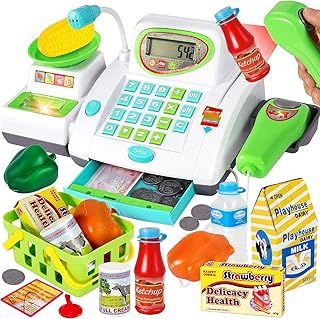 HERSITY Childs Big Toy Till Cash Register with Scanner, Kids Shopping Till Play Money Cashier Toys Supermarket Checkout Pretend Play Grocery Games for Toddler Boys Girls 3 4 5 Year Old