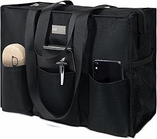 TOPDesign Utility Water Resistant Tote Bag with 13 Exterior & Interior Pockets, Top Zipper Closure & Thick Bottom Support, for Working Women, Teachers, Nurses, Accountants (Black)