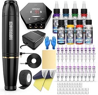 Wormhole Tattoo Pen Kit Cartridge for Beginners Rotary Tattoo Machine Pen Type Complete Tattoo Supplies WTK070, 58 Piece Set