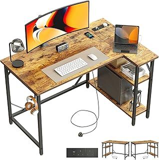 DOMSHOCT Small L Shaped Desk with Power Outlets&Hooks, 100x70cm Corner Computer Desk PC Gaming Desk, Large Storage Reversible Shelves, Home Office Writing Table for Study workstations Bedroom Brown