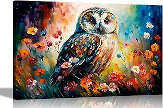 Artley Prints - Owl in Flower Garden Abstract Canvas Wall Art for Living Room, Bedroom - Ready to Hang Prints - Wildlife Pictures 40 x 30cm (16 x 12 inches) A3