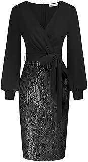 GRACE KARIN Women Elegant Formal Sequins Dresses Wrap V Neck Long Sleeves Midi Bodycon Party Dress