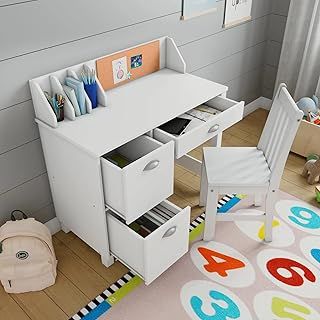 Wooden White Study Desk for Children with Chair and Drawers, Gift for Ages 5-14 Computer Desk Home School Student Study PC Writing Desks Table for Small Spaces Teen Work