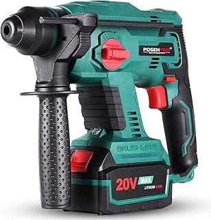 Brushless Cordless Rotary Hammer,POSENPRO 20V SDS Plus Rotary Hammer Drill,4 Modes Selector,Variable Speed,Adjustable Handle,4.0Ah Li-ion Battery and Fast Charger Included Green