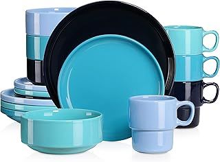 Porcelain Dinner Set, Dark Blue, 16 Piece Kitchen Dinnerware Service, Plate Ceramic Crockery Set with Dinner Plates, Dessert Plate,Bowls and Mugs, Service for 4