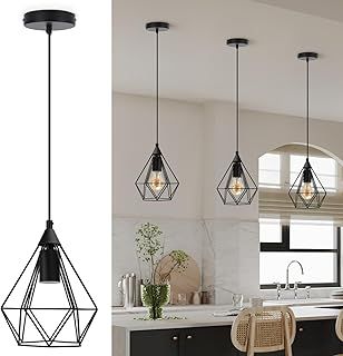 Black Pendant Light Fitting with Shade, Aigostar Cage Pendant Light, E27 Metal Wire Basket Light Pendant, Industrial Ceiling Pendant, Adjustable Cage Ceiling Lighting, Hanging Lights for Kitchen