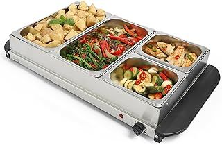 VonShef Food Warmer 4 Tray – 7.2L Table Top Buffet Server 300W with Lids, Plate Warming, Temp Control, Chafing Dish, Hostess Trolley Food Warmer & Cool Touch Handles - 2 x 2.4L and 2 x 1.2L Pans