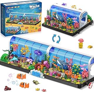 HOGOKIDS Aquarium Building Sets - 2 Styles Oceanarium Building Toy for Kids Adults, Pivoting Undersea Fish Tank Includs Dolphins Shark Crab Fish Jellyfish Animals Construction Gift for Boys Girls 6-12