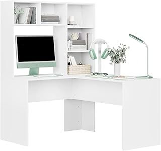 L-Shaped Computer Desk White Computer Workstation with Storage Shelves Wooden Office Study Table Corner Desk 107.8x124.7x152.5cm