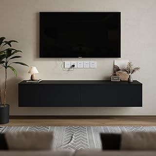 Floating TV Unit Wall Mounted TV Unit with Two Baffles Media Wall Units for Living Room (Black, 160cm)