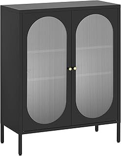 Buffet Sideboard Cabinet, Metal Storage Cabinet with Hazy PC Board Doors, Two Color Handles, Liquor Cabinet with Adjustable Shelves for Kitchen, Dining Room, Living Room, Black