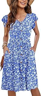 MOLERANI Women Summer Dresses V Neck Ruffle Sleeve Casual Swing Elastic Waist Midi Dress with Pockets