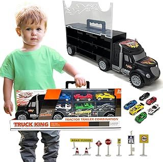 Xwin Kids Truck Container Rail Car Set Portable Cars Storage Truck Toy Set for Children Vehicles Toy Set for Boys and Girls Carrier Truck Playset with 6 Cars for Toddlers
