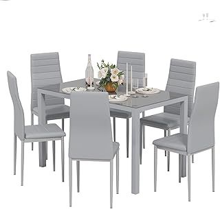 Dining Table and Chairs Set 6, Modern Glass Table with 6 High Back Faux Leather Chairs for Home Office Use (Grey)