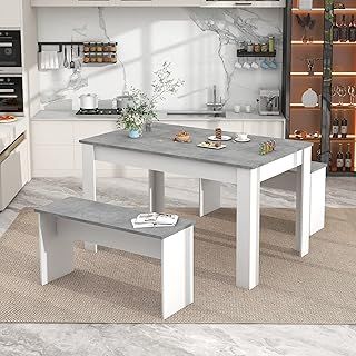 Merax 2 Benches Table Set for Kitchen, Dining Room, Small Space Artificial Marble, White and Grey, 3pieces