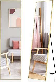 RELAX4LIFE Full Length Mirror, 160x40cm Free Standing Floor Mirror with EVA Buffer Pad, Wall Mounted Hanging Mirror for Bedroom Living Room (Gold)