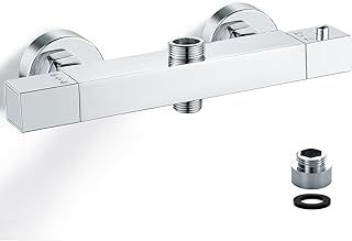 Square Thermostatic Shower Mixer With Two Outlets, Chrome Brass Twin Bar Valve, Dual Outlet With Top 3/4" BSP (26.4mm) + Bottom 1/2" BSP (21mm)