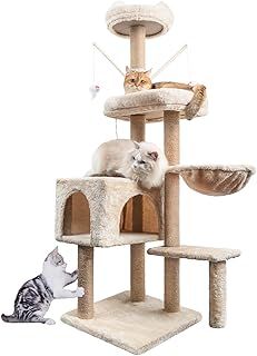 Cat Tree, 145cm Stable Cat Scratching Post for Indoor Cats, Multi-Level Cat Climbing Tower With Posts Fully Wrapped in Natural Sisal Rope, Suitable for Kitty Kitten