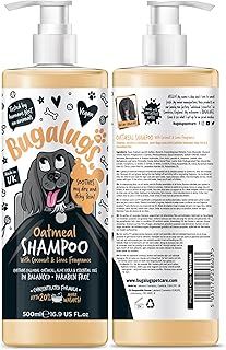 BUGALUGS Oatmeal & Aloe Vera Dog Shampoo dog grooming shampoo products for smelly dogs with fragrance, oatmeal puppy shampoo, professional Vegan pet shampoo & conditioner (500ml)