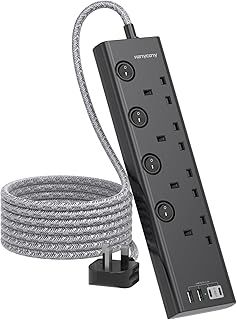 Black Extension Lead with 4 USB Slots(2 USB C), 4 Way Plug Extension Socket with Individual Switches, 1.8M Extension Cable, Desk Power Strip for Bedroom Office Accessories