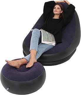 Indoor & Outdoor Inflatable Deluxe Lounge Lounger Chair & Foot Stool With Soft Plush Fabric - Ideal for Easter, Summer, Spring Home & Camping, Garden, Gaming Valentines (Navy)