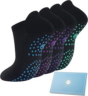 4 Pairs Grip Yoga Socks Women, Non Slip Pilates Trainer Socks Trampoline Barre Ankle Socks for Ladies and Girls for Home Exercise Hospital
