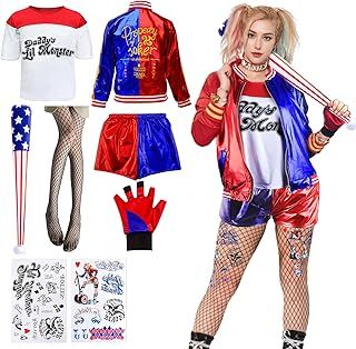 Quinn Costumes for Women- Ladies Halloween Villain Fancy Dress Harley Costume Outfit Carnival Cosplay Costume Kit with Jacket, T-Shirt, Shorts, Gloves, Tattoo Baseball Bat Theme Party for Adults Girls