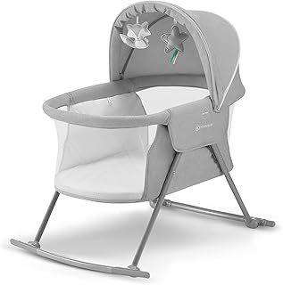 Kinderkraft Baby Crib 3 in 1 LOVI Folding and Unfolding, Adjustable Canopy, with Mattress Cover, Included Toys, Transport Bag, for Newborn, 0-9 kg, Gray, Assembled Dimensions: 85 x 61 x 88 cm