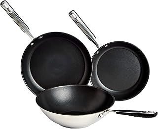 Amazon Basics 3-Piece Stainless Steel Non-Stick Induction Frying Wok and Pan Set with Soft Touch Handle, 24/28/28 cm, PFOA&BPA, Silver