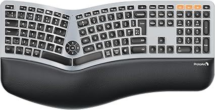 ProtoArc Backlit Wireless Ergonomic Keyboard, EK01 Plus Ergo Keyboard with Wrist Rest, Split Design, USB-C Charging, Bluetooth and USB, Natural Typing Compatible with Windows/Mac/Android