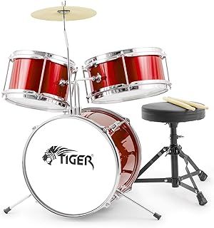 JDS7-RD Junior Kids Drum Kit - 3-Piece Beginners Childrens Drum Set with Snare, Tom, Bass Drum, Bass Drum Pedal, Cymbal, Throne and Sticks - Red