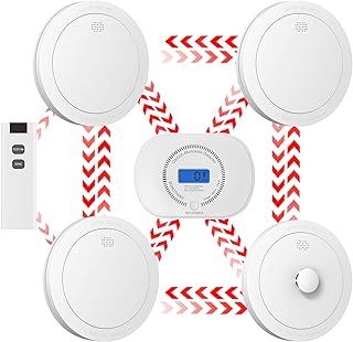 CPVAN Wireless Interlinked Smoke, Heat & Carbon Monoxide Alarm Bundle, Scotland & England Law Compliant | 10-year Battery Life, Pre-Linked Fire Detectors for home,5 Pack + 1 Remote（2nd Generation）