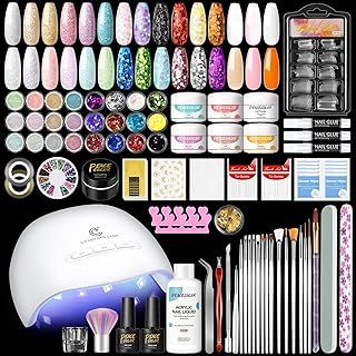 Acrylic Nail Kit with Lamp - 6 Colours, Glitter Powder, Top Coats, False Nails, Decals & Tools for Beginners