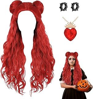 Rise of Red Wig With Buns and Necklace Earrings | Costume From Descendant 4, Wavy Hair Halloween Decoration for Girls Cosplay