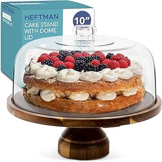10" Cake Stand with Dome Lid - 2-in-1, Non-Slip Acacia Wood Cake Stand with Clear Acrylic Cake Dome for Cakes, Pastries, Cheese Boards - Cake Display Stand for Birthday, Wedding, Party, Café