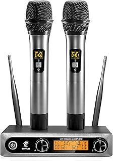 TONOR TW820 Wireless Microphones, Metal Dual Professional UHF Cordless Dynamic Mic, Handheld Mic System with Receiver for Home Karaoke, Meeting, Party, Church, DJ, Wedding, Singing, 200ft, Silver